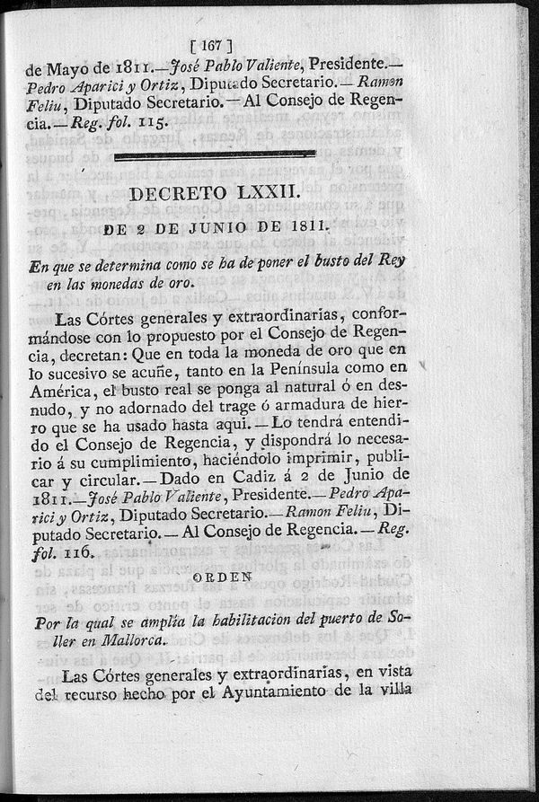 Decreto de 2/06/1811. En que se determina como se ha de poner el busto del Rey en las monedas de oro.