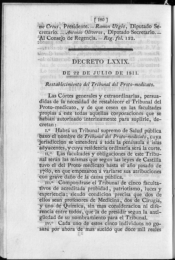 Decreto de 22/07/1811. Restablecimiento del Tribunal del Protomedicato.