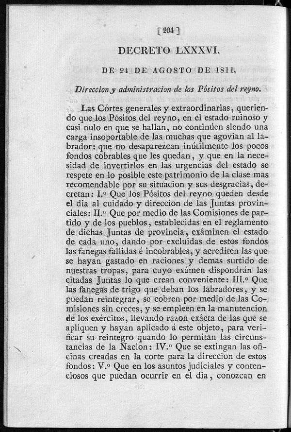 Decreto de 24/08/1811. Dirección y administración de los Pósitos del reyno