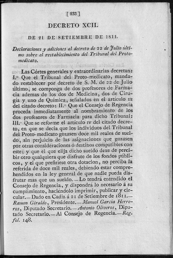 Decreto de 21/09/1811. Declaraciones y adiciones al decreto de 22 de Julio último sobre el restablecimiento del Tribunal del Protomedicato.
