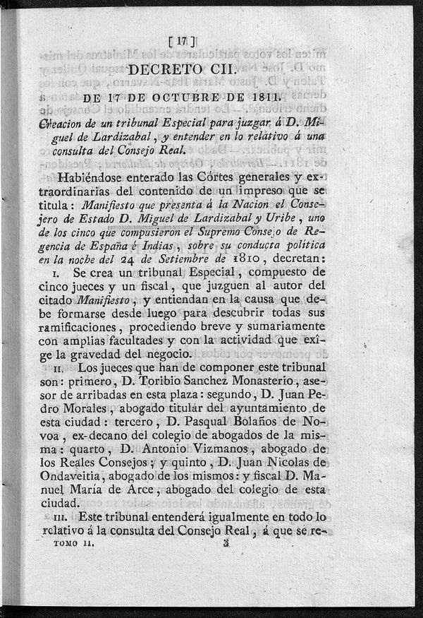 Decreto de 17/10/1811. Creación de un tribunal Especial para juzgar á D. Miguel de Lardizabal, y entender en lo relativo á una consulta del Consejo Real.