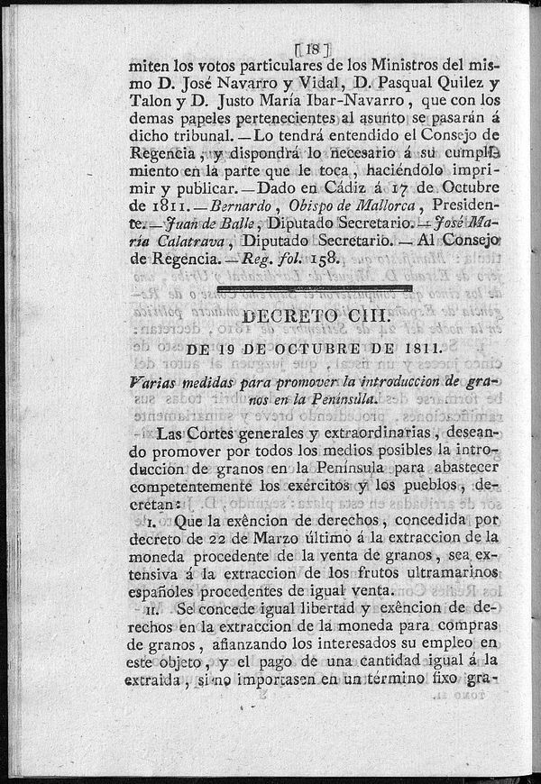 Decreto de 19/10/1811. Varias medidas para promover la introducción de granos en la Península. 