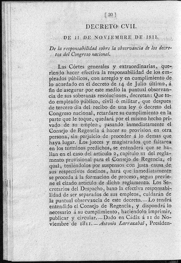 Decreto de 11/11/1811. De la responsabilidad sobre la observancia de los decretos del Congreso nacional.