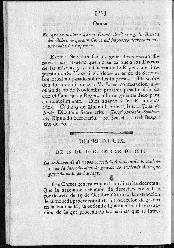 Decreto de 16/12/1811. La exención de derechos concedida á la moneda procedente de la introducción de granos se extiende á la que proceda de la de harinas.
