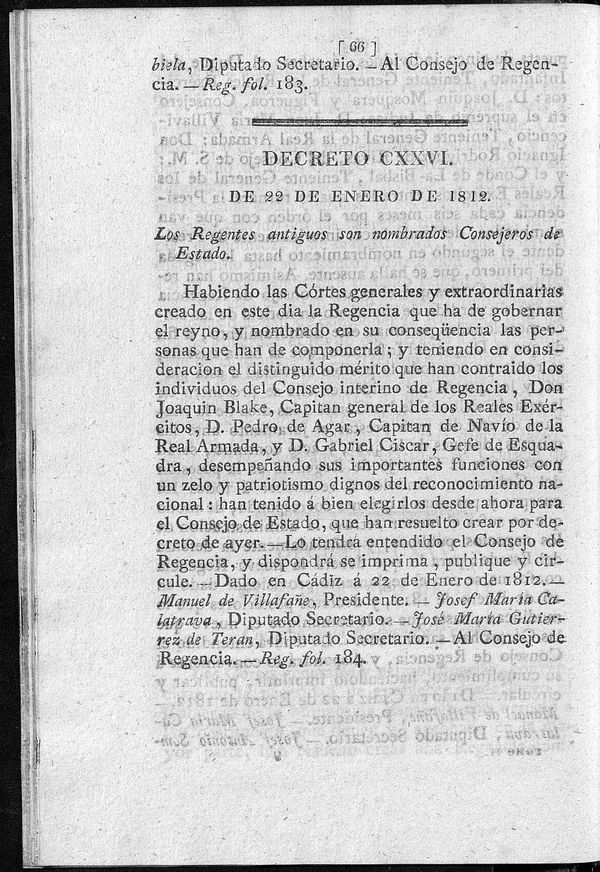 Decreto de 22/01/1812. Los Regentes antiguos son nombrados Consejeros de Estado.