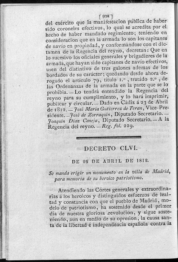 Decreto de 26/04/1812. Se manda erigir un monumento en la villa de Madrid, para memoria de su heroico patriotismo.