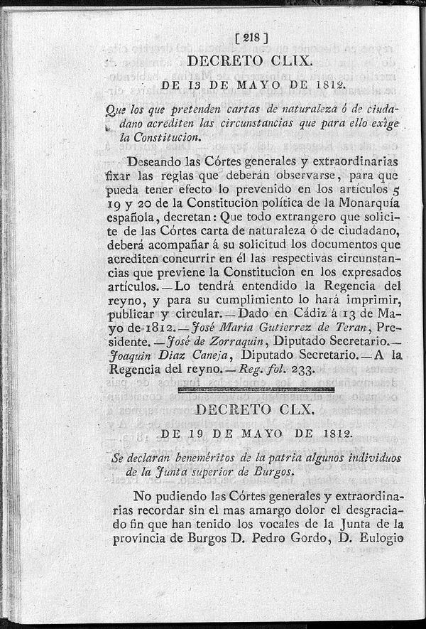 Decreto de 19/05/1812. Se declaran beneméritos de la patria algunos individuos de la Junta superior de Burgos.