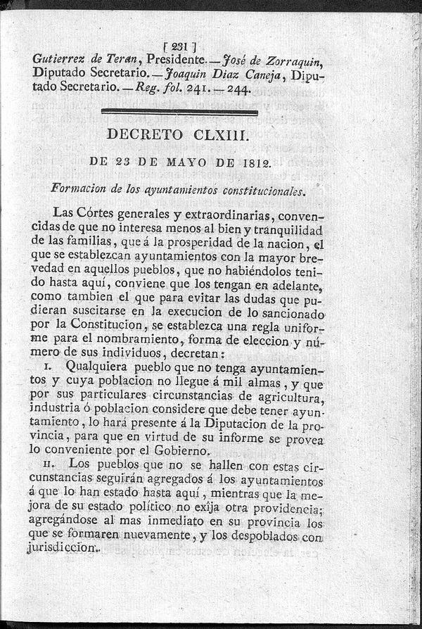 Decreto de 23/05/1812. Formación de los ayuntamientos constitucionales.