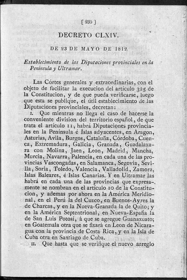 Decreto de 23/05/1812. Establecimiento de las Diputaciones provinciales en la Pennsula y Ultramar.
