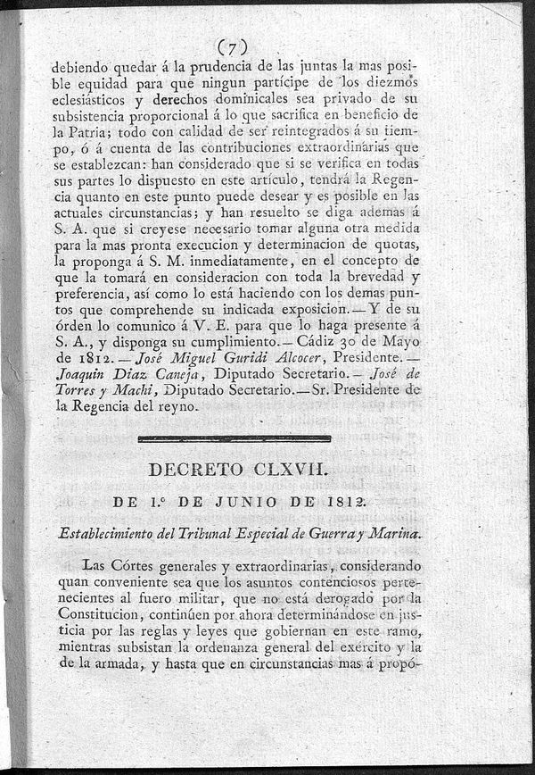 Decreto de 1/06/1812. Establecimiento del Tribunal Especial de Guerra y Marina.