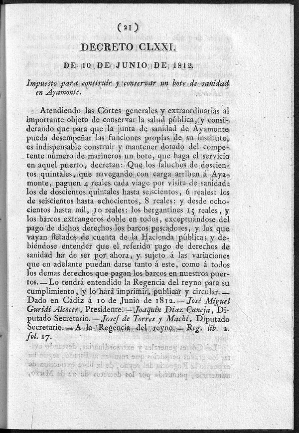 Decreto de 10/06/1812. Impuesto para construir y conservar un bote de sanidad en Ayamonte.