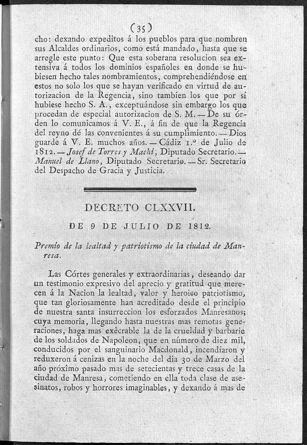Decreto de 9/07/1812. Premio de la lealtad y patriotismo de la ciudad de Manresa