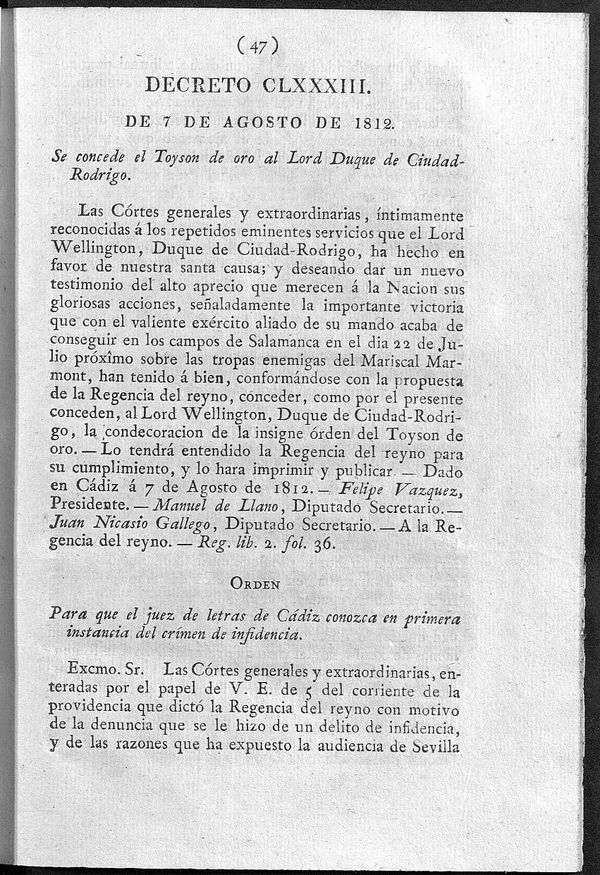 Decreto 7/08/1812. Se concede el Toyson de oro al Lord Duque de Ciudad-Rodrigo.