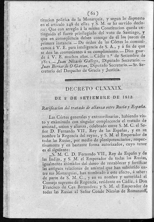 Decreto de 2/09/1812. Ratificación del tratado de alianza entre Rusia y España.
