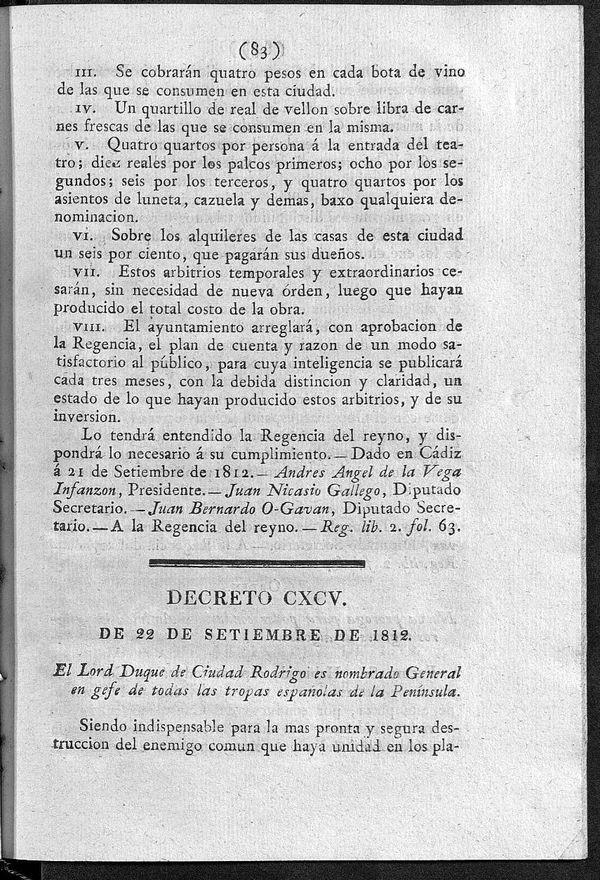Decreto 22/09/1812. El Lord Duque de Ciudad-Rodrigo es nombrado General en gefe de todas las tropas españolas da la Península.