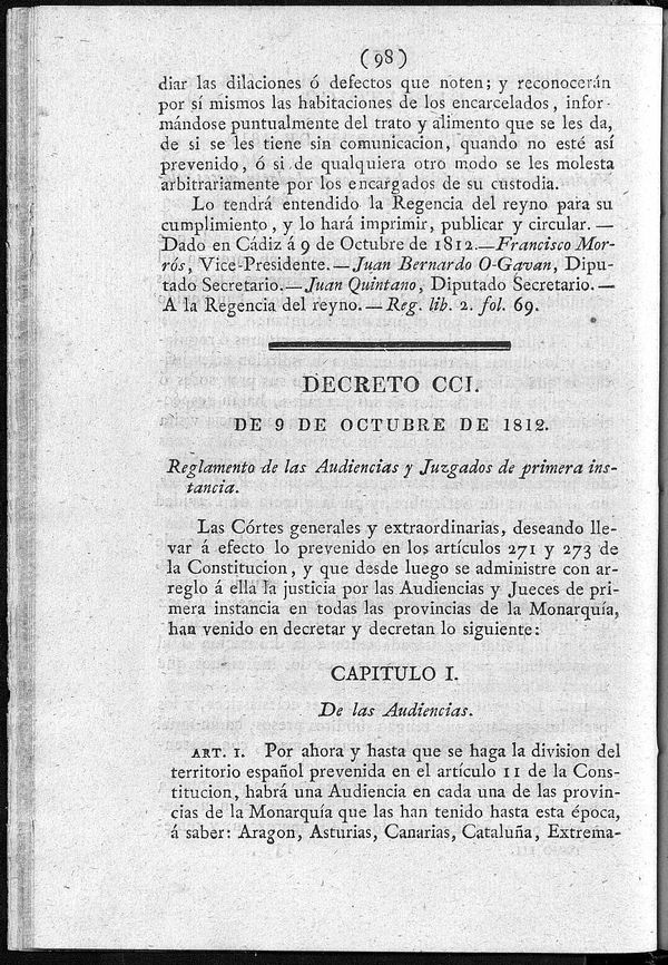 Decreto de 9/10/1812. Reglamento de las Audiencias y Juzgados de primera instancia.