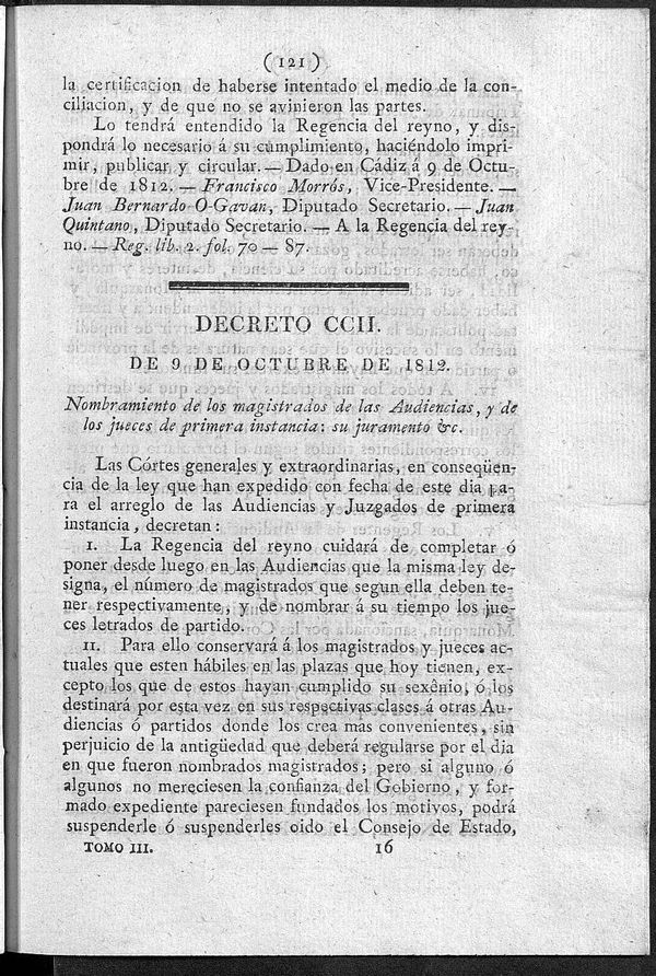 Decreto 9/10/1812. Nombramiento de los magistrados de las Audiencias, y de los jueces de primera instancia: su juramento &c.