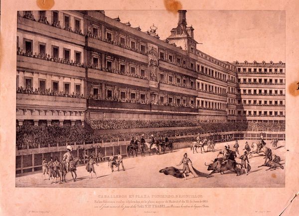 Caballeros en la paza poniendo rejoncillos 
Corrida de toros en la Plaza Mayor con motivo de la Jura de Isabel II como heredera.

