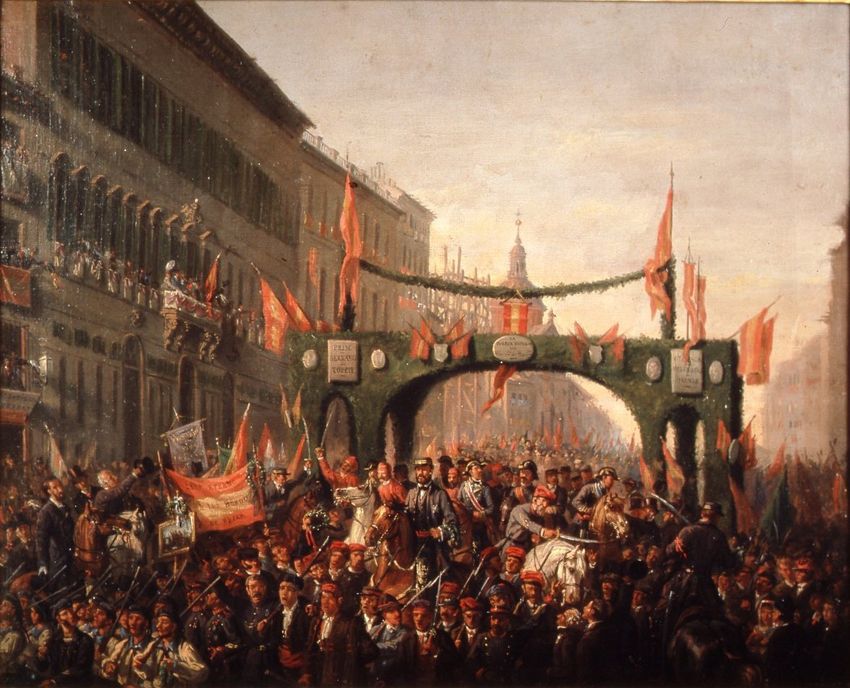 Paso del General Prim bajo el arco triunfal levantado en la calle de Alcal tras la Revolucin de Septiembre de1868