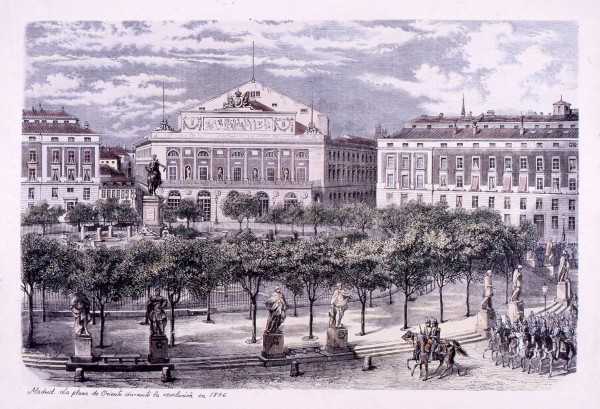 La plaza de Oriente durante la revolución en 1856