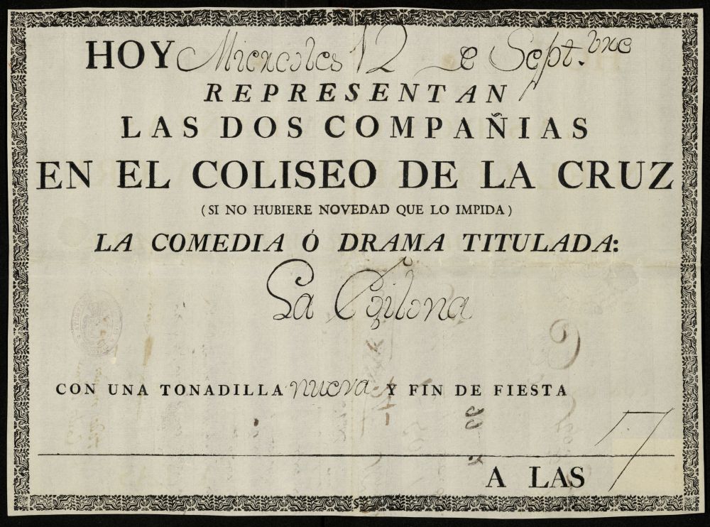 Cartel anunciador de la obra La Egilona en el Teatro de la Cruz