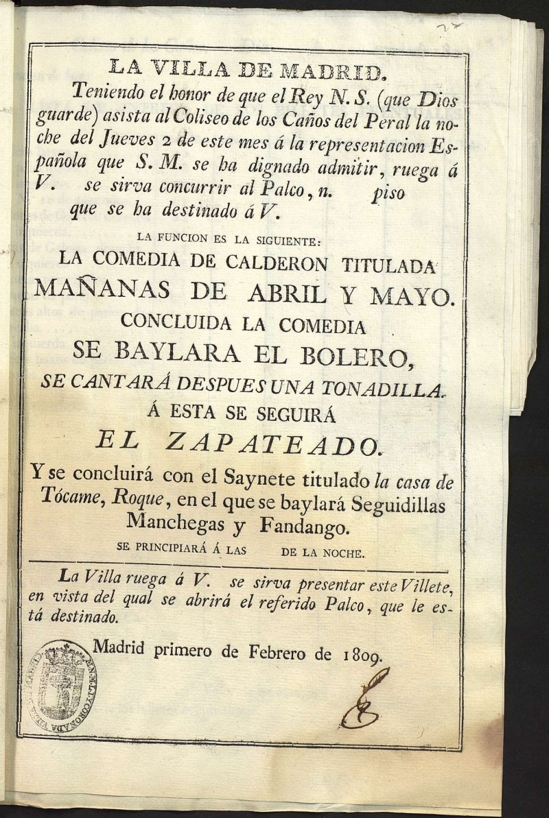Invitacin a los palcos para la representacin de en honor a Jose I en el Teatro de los Caos del Peral el 2 de Febrero de 1809