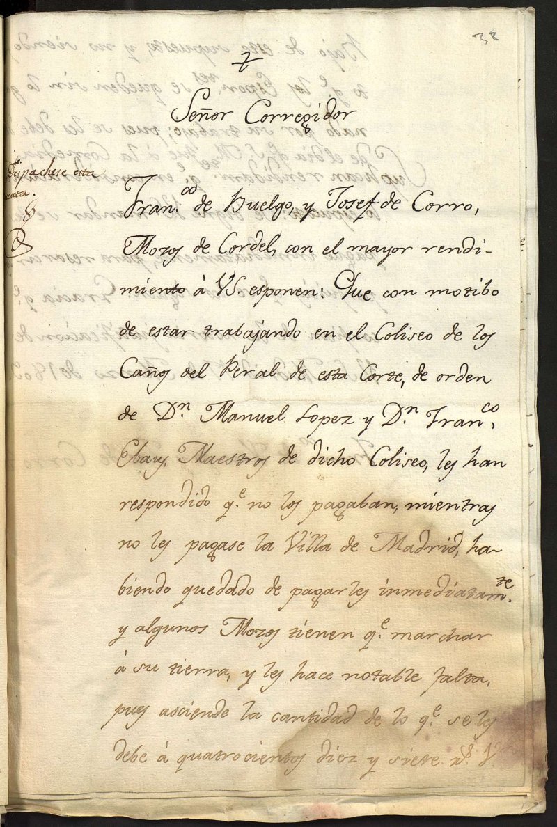 Reclamación por el impago de los honorarios de dos mozos de cuerda por su trabajo en el Teatro de los Caños del Peral para la representación en honor a Jose I del 2 de Febrero de 1809