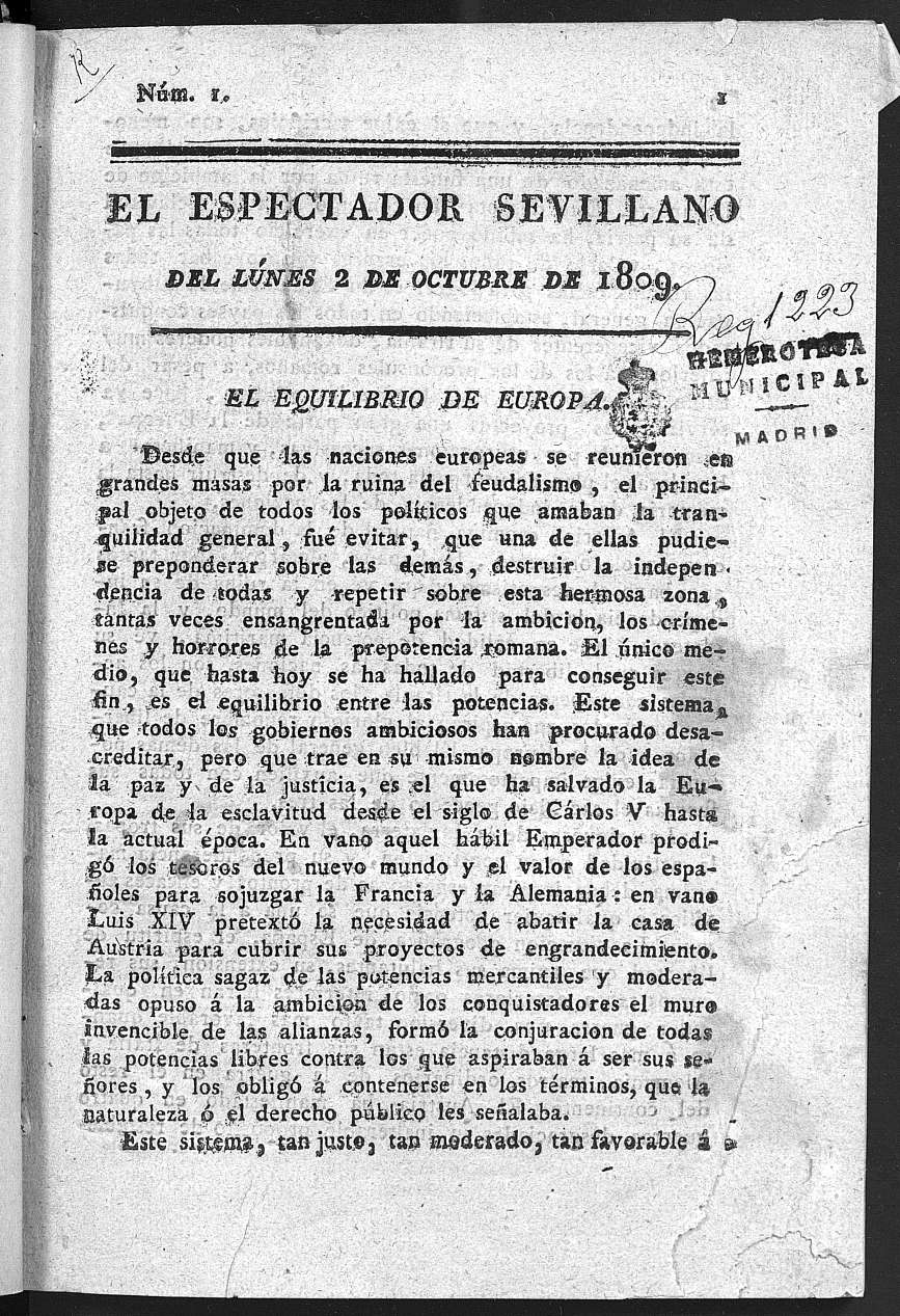 El Espectador Sevillano del lunes 2 de Octubre de 1809.