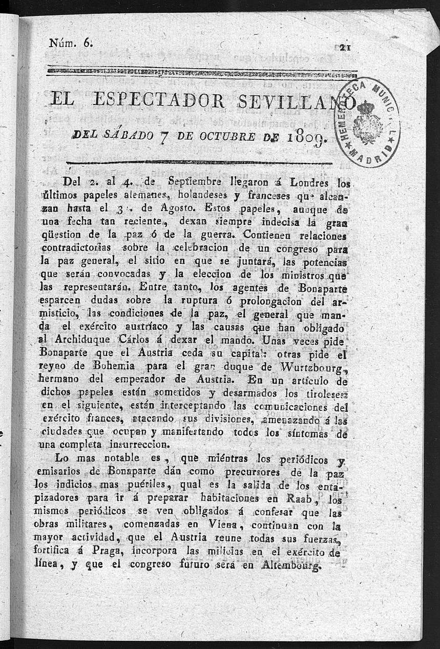 El Espectador Sevillano del sábado 7 de Octubre de 1809.