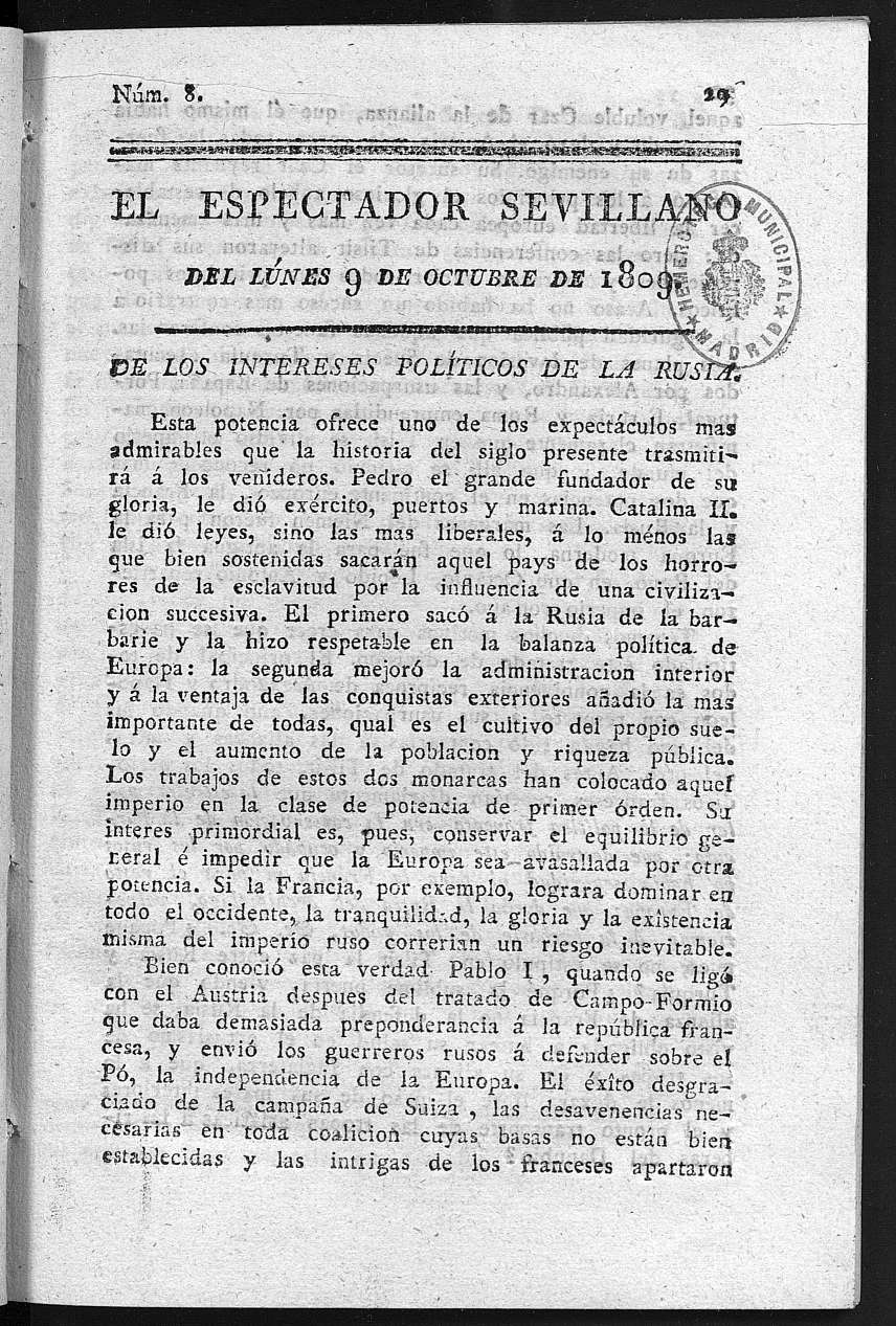 El Espectador Sevillano del lunes 9 de Octubre de 1809.