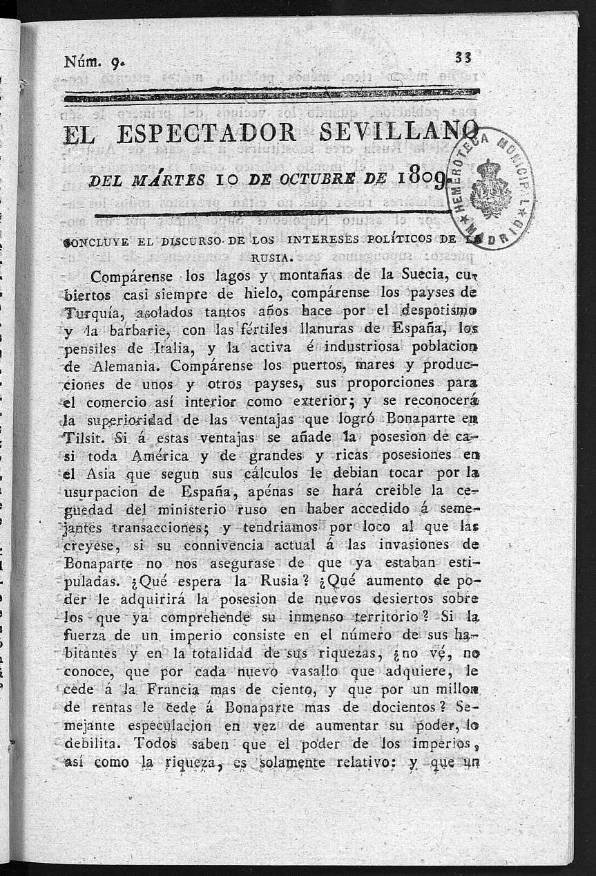 El Espectador Sevillano del martes 10 de Octubre de 1809