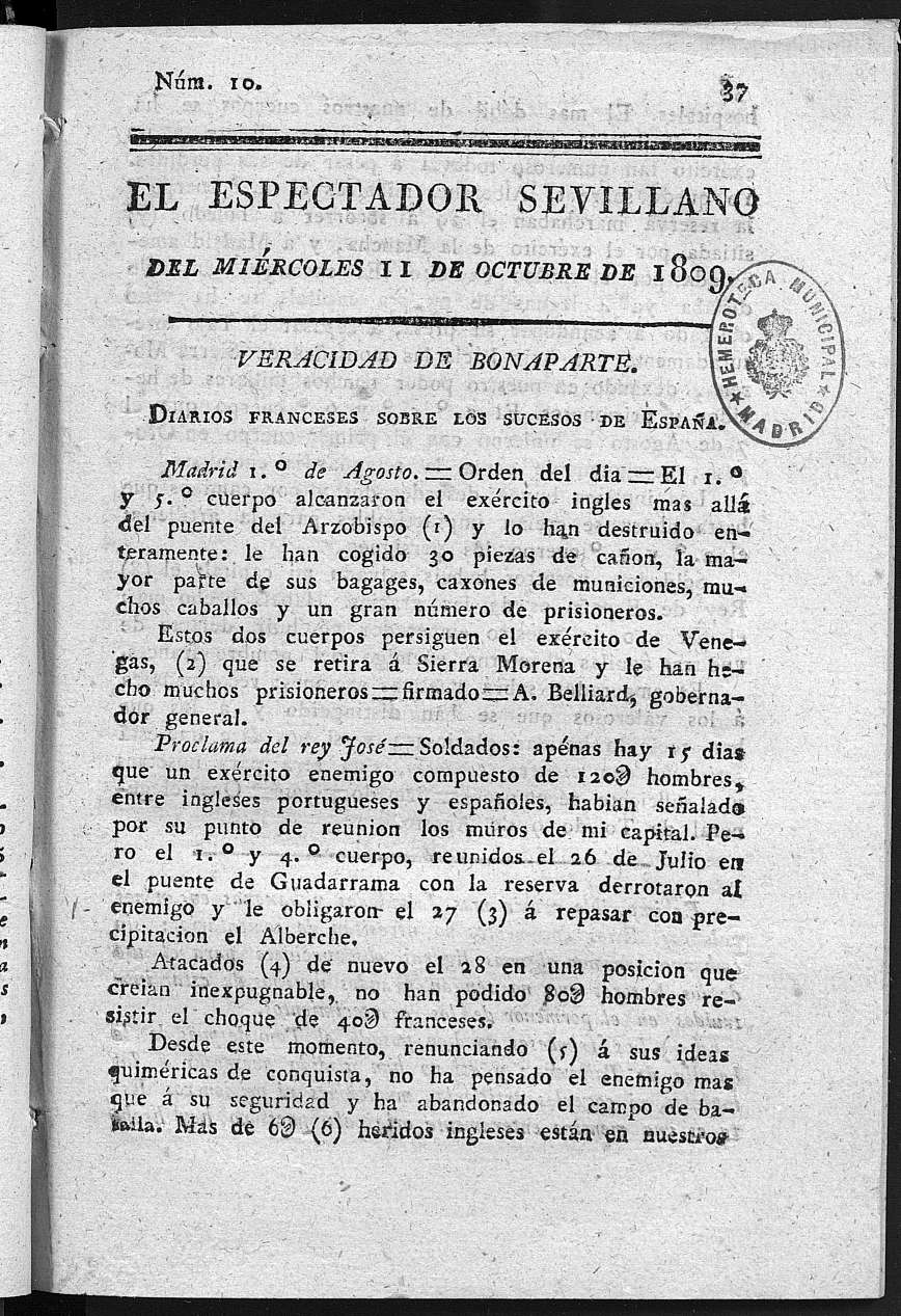 El Espectador Sevillano del Miércoles 11 de Octubre de 1809