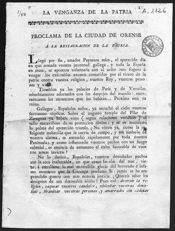 La venganza de la patria: proclama de la ciudad de Orense a la restauracin de la Patria