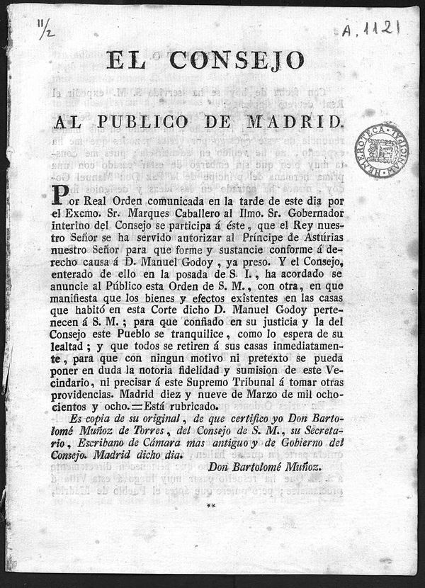 El Consejo al pblico de Madrid [sobre el nombramiento del Principe de Asturias para que forme causa a D. Manuel Godoy ya preso [...]