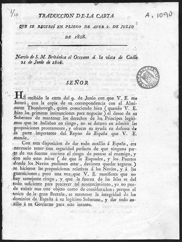 Traducción de la carta que se recibió en pliego de ayer 2 de julio de 1808