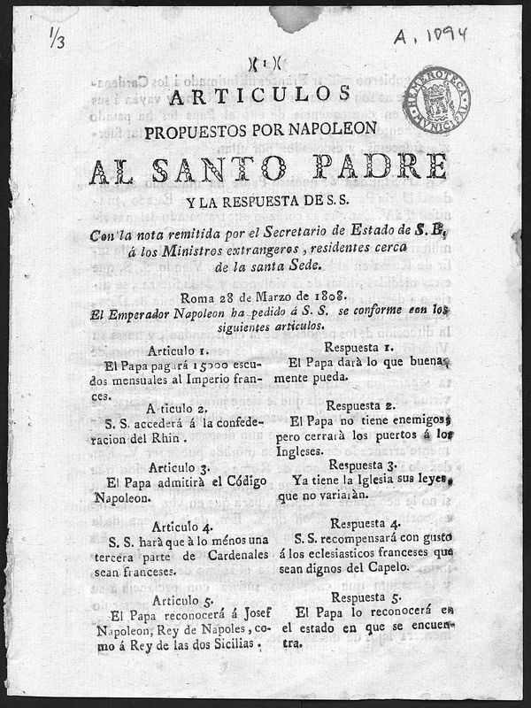 Artículos propuestos por Napoleón al Santo Padre y la respuesta de S.S ... Roma, 28 de Marzo de 1808