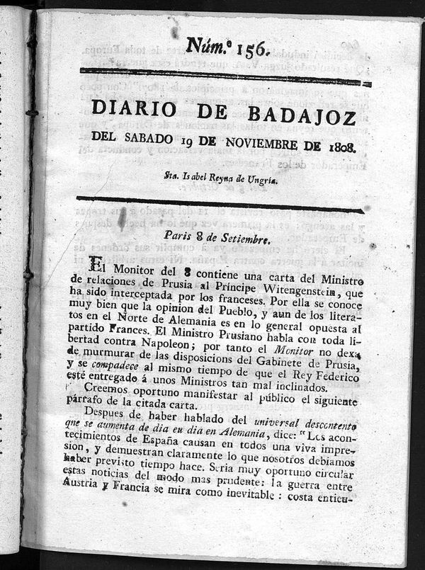 Diario de Badajoz del sábado 19 de noviembre de 1808