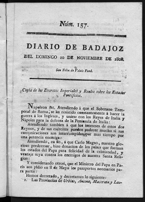 Diario de Badajoz del domingo 20 de noviembre de 1808