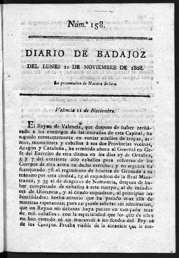 Diario de Badajoz del lunes 21 de noviembre de 1808