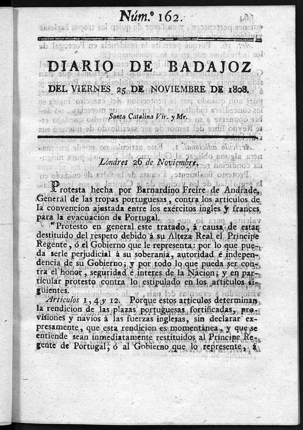 Diario de Badajoz del viernes 25 de noviembre de 1808