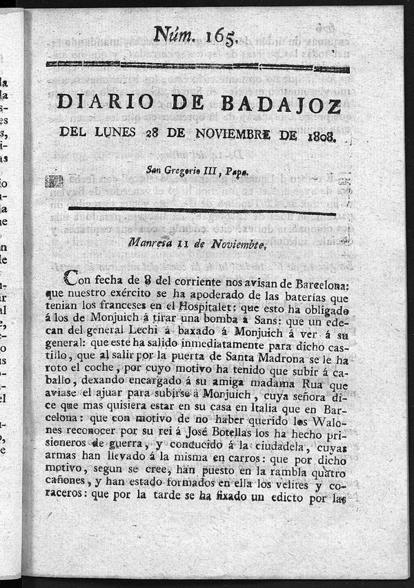 Diario de Badajoz del lunes 28 de noviembre de 1808