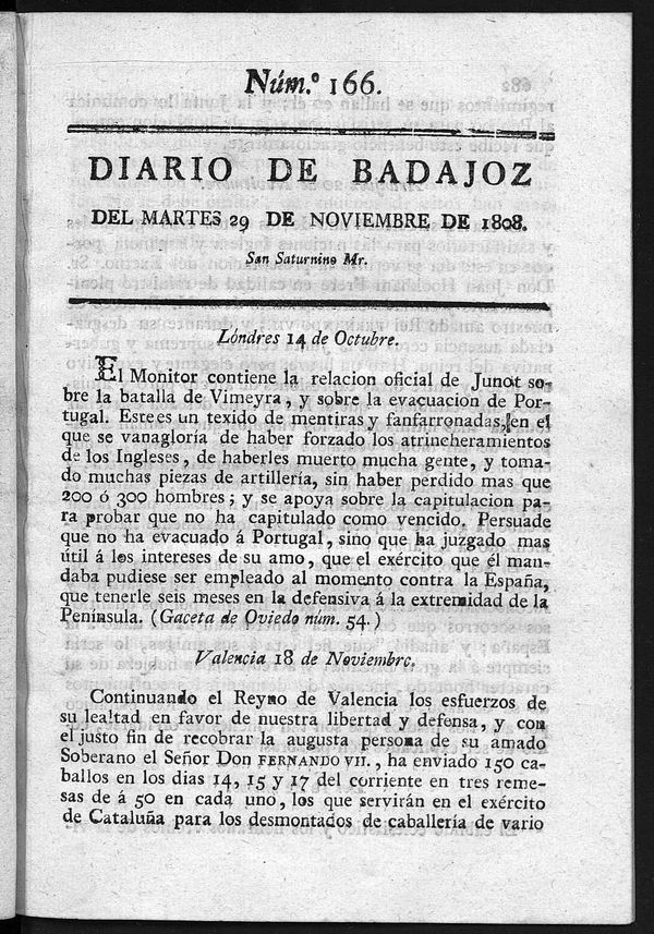 Diario de Badajoz del martes 29 de noviembre de 1808