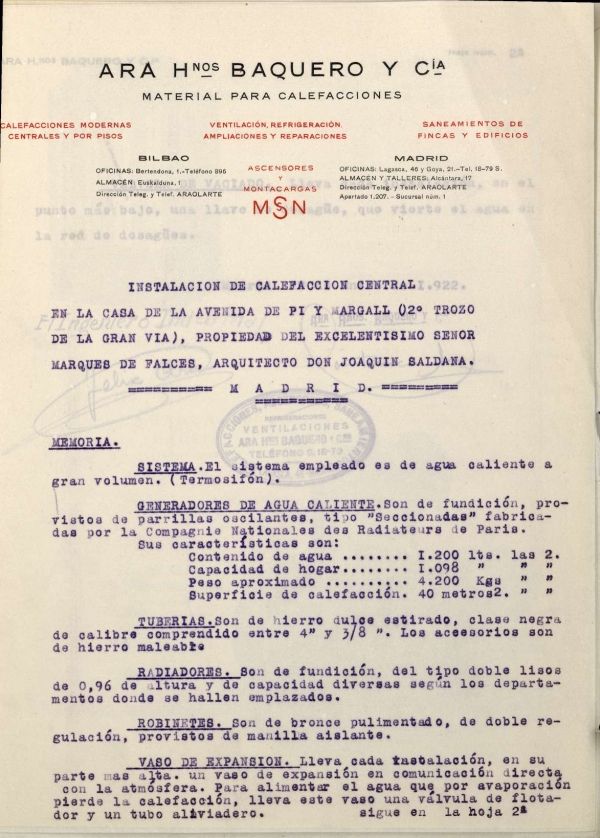 Memoria de calefaccin, ascensores y montacargas de la casa n16 de la Avenida Pi i Margall propiedad del Excmo. Sr. Marqus de Falces