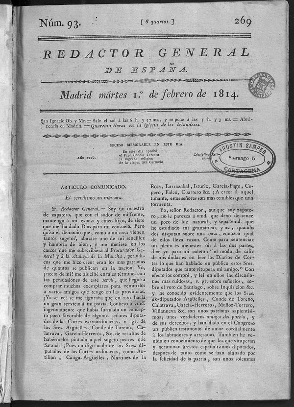 Redactor General de Espaa del martes 1 de febrero de 1814