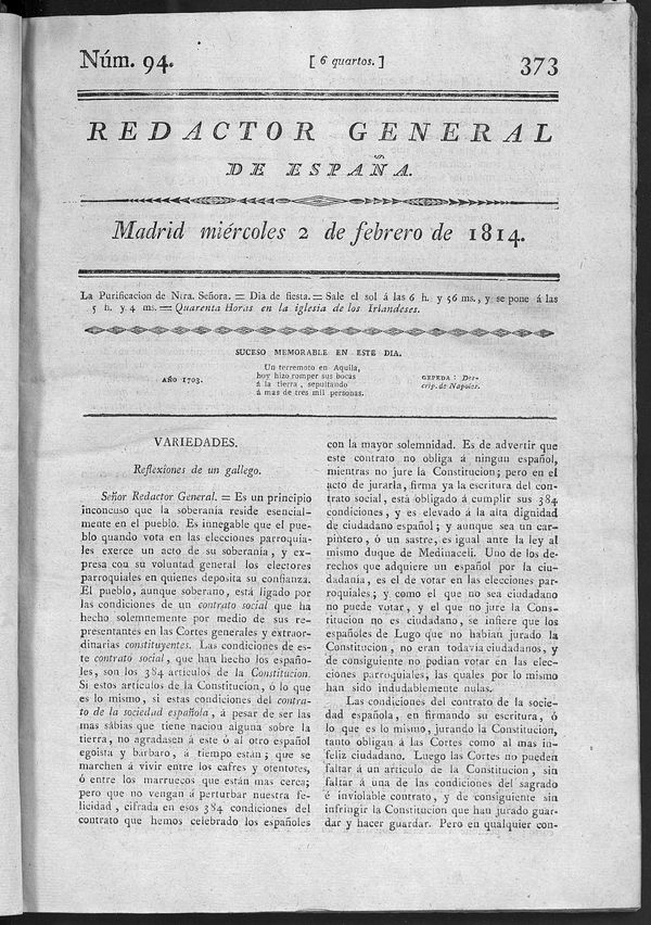 Redactor General de España del miércoles 2 de febrero de 1814