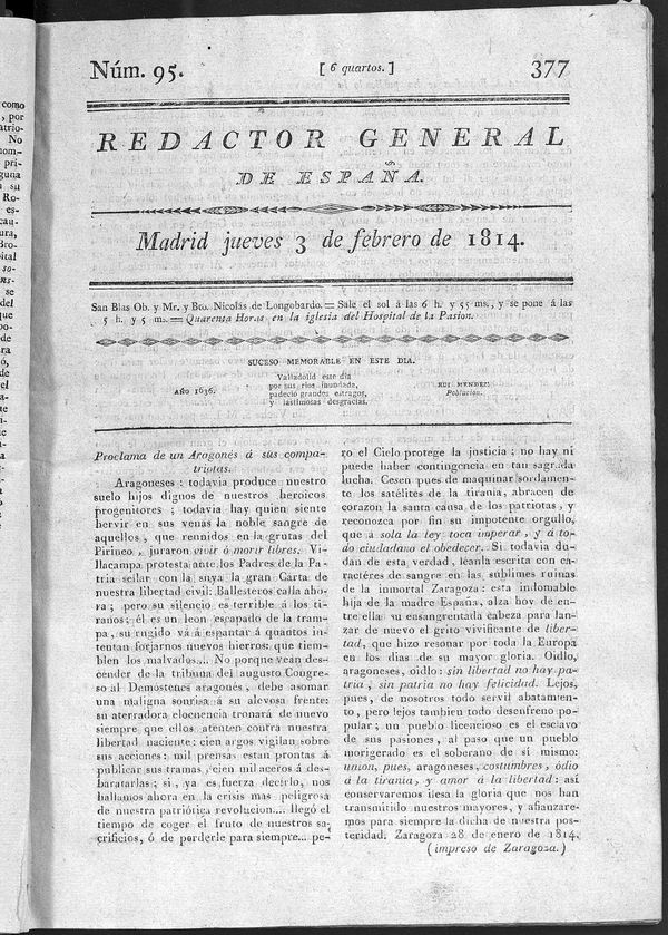 Redactor General de Espaa del jueves 3 de febrero de 1814