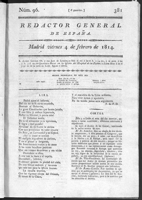 Redactor General de España del viernes 4 de febrero de 1814