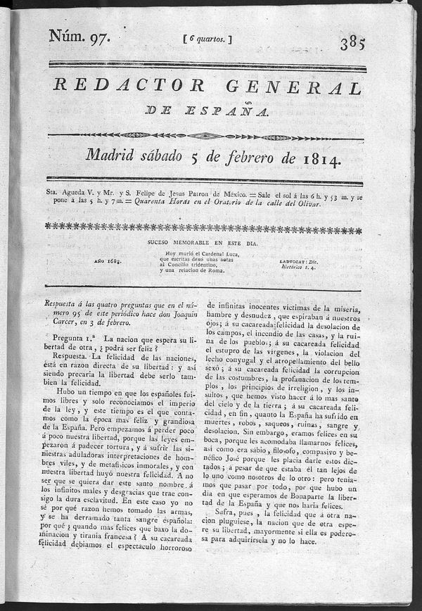 Redactor General de España del sábado 5 de febrero de 1814