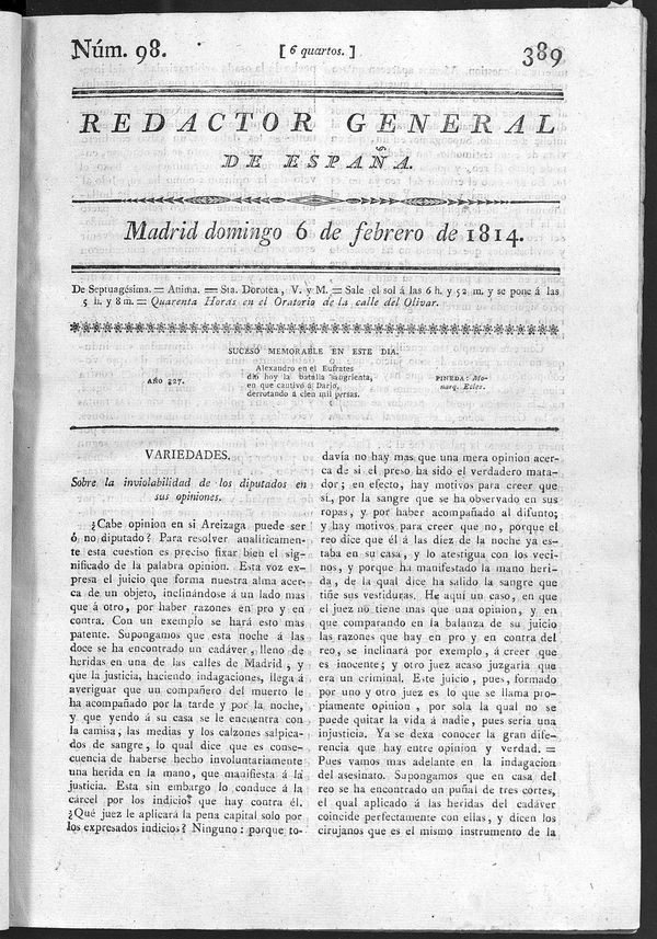 Redactor General de España del domingo 6 de febrero de 1814