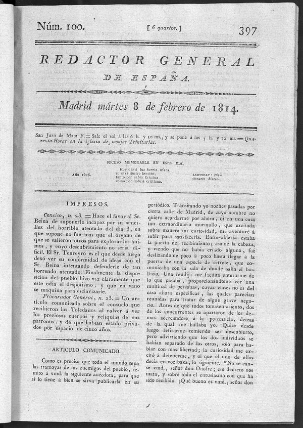 Redactor General de Espaa del martes 8 de febrero de 1814